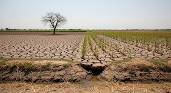 Campo agrícola con tierra agrietada por sequía, árbol sin hojas, cultivos jóvenes y un canal de irrigación casi seco bajo cielo pálido.