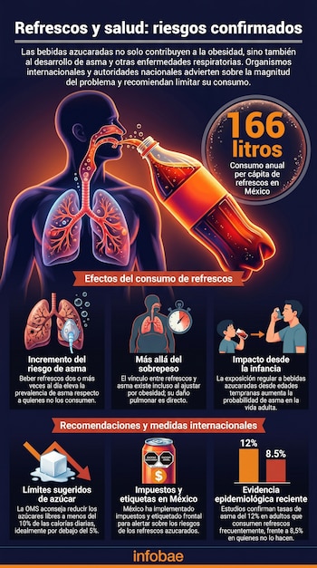 Infografía sobre los riesgos de los refrescos azucarados, mostrando un cuerpo humano bebiendo soda, destacando los pulmones y paneles informativos.