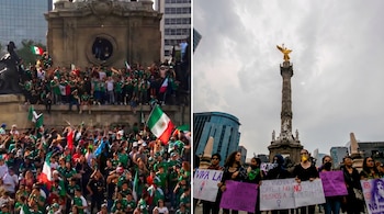 Díptico: A la izquierda, personas celebran con banderas de México en un monumento; a la derecha, mujeres protestan con pancartas frente al Ángel de la Independencia.