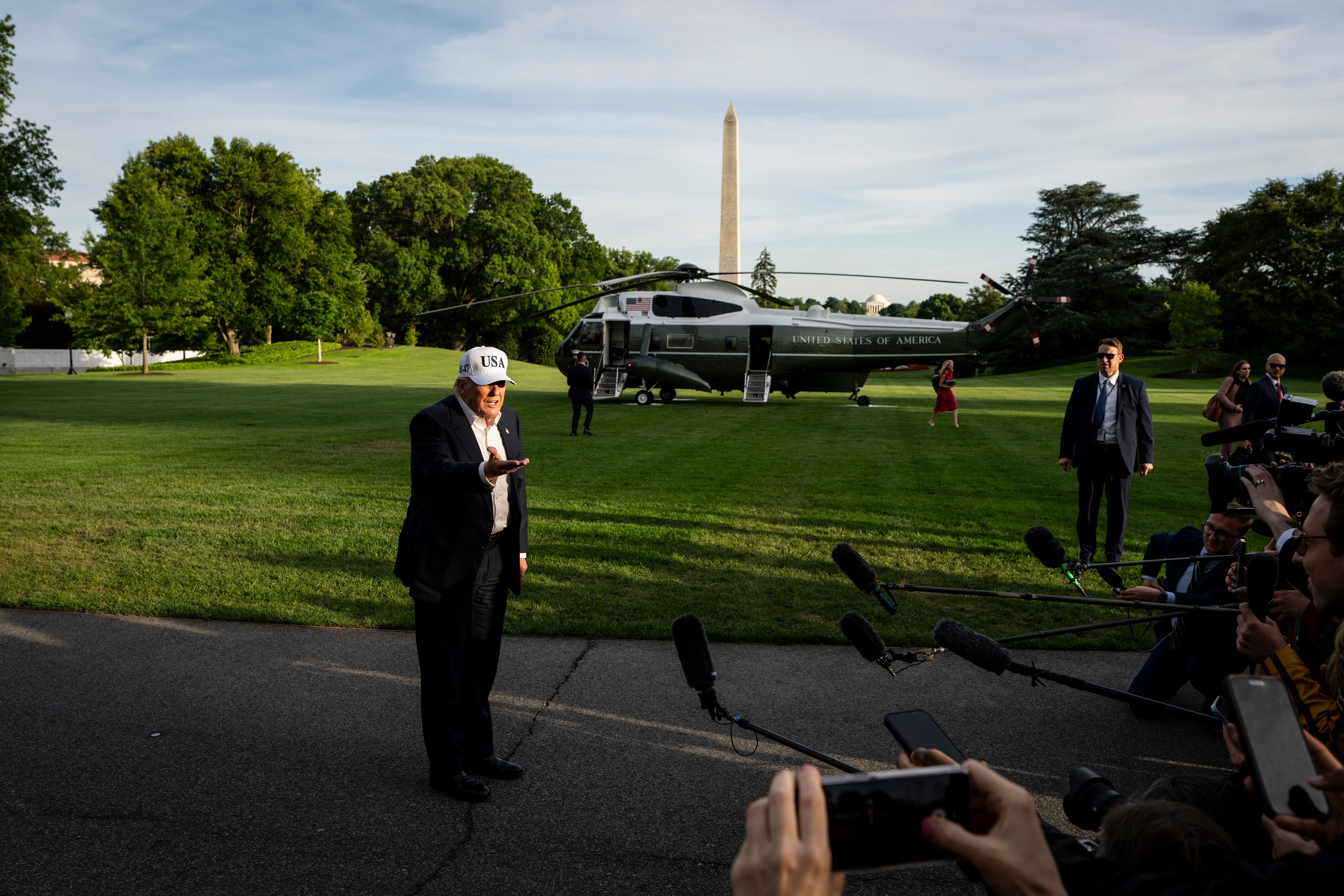 President Donald Trump speaks to reporters after arriving at the White House on Marine One in Washington, May 15, 2026. The president has sought to force Iran to accept his terms on its nuclear program or else face renewed war. An emboldened Iran has rebuffed Trump’s demands. (Haiyun Jiang/The New York Times)