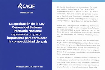 Comunicado de CACIF que incluye logotipo, titular grande sobre la Ley General del Sistema Portuario Nacional y un texto explicando su importancia.