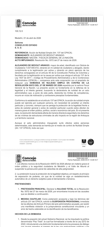 Documento del Concejo de Medellín que sustenta la demanda de nulidad contra la decisión de la Fiscalía General de la Nación sobre la suspensión de órdenes de captura a 23 cabecillas vinculados a la mesa de paz urbana - crédito Alejandro de Bedout/X