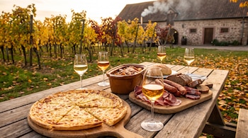 Una mesa de madera con una tarte flambée, embutidos, pan, un recipiente con comida, copas de vino blanco y un viñedo dorado al fondo.