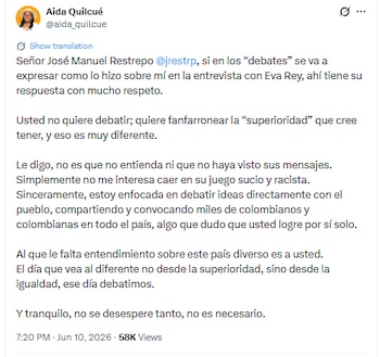 Aida Quilcué le envió mensaje a José Manuel Restrepo - crédito @aida_quilcue/X