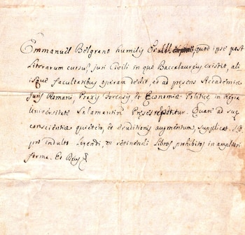 Una hoja de papel amarillento con caligrafía antigua en tinta negra, mostrando palabras como "Emmanuell Belgrano", "Salamantin" y "Libros prohibitos"