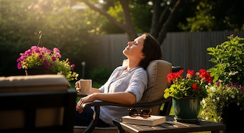 Una mujer sentada en una silla de patio, con los ojos cerrados y la cara al sol, sosteniendo una taza de café, rodeada de plantas con flores.