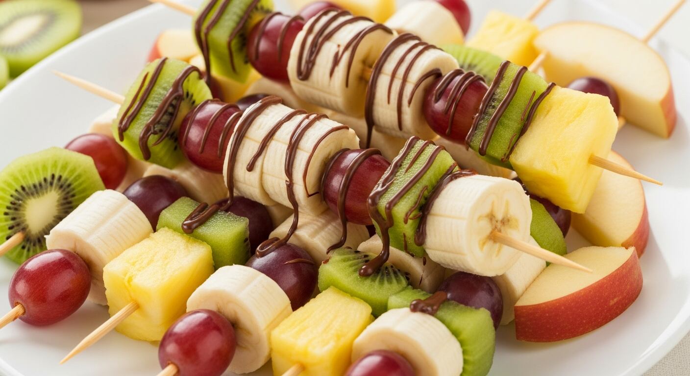 Los brochettes de frutas permiten experimentar con distintas combinaciones de colores y sabores, empleando kiwi, uvas, ananá y manzana, y se pueden bañar parcialmente en chocolate cobertura para sumar variedad en texturas (Imagen Ilustrativa Infobae)