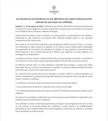 El Ministerio de Justicia rechazó la muerte violenta de una mujer que ingresó como visitante a la cárcel La Modelo de Bogotá y sostuvo que “las cárceles no son territorios sin ley” y que “quien resulte responsable deberá enfrentar todo el peso de la justicia” - crédito Ministerio de Justicia