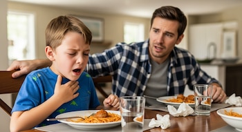 Niño tosiendo/atragantándose con mano en garganta en mesa. Adulto detrás lo mira preocupado. Platos de espagueti, vasos de agua y servilletas son visibles.