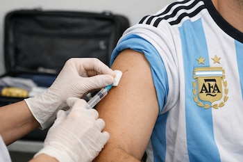 Primer plano de una enfermera con guantes blancos administrando una vacuna en el brazo de una persona con la camiseta de la Selección Argentina. Al fondo, una valija abierta.