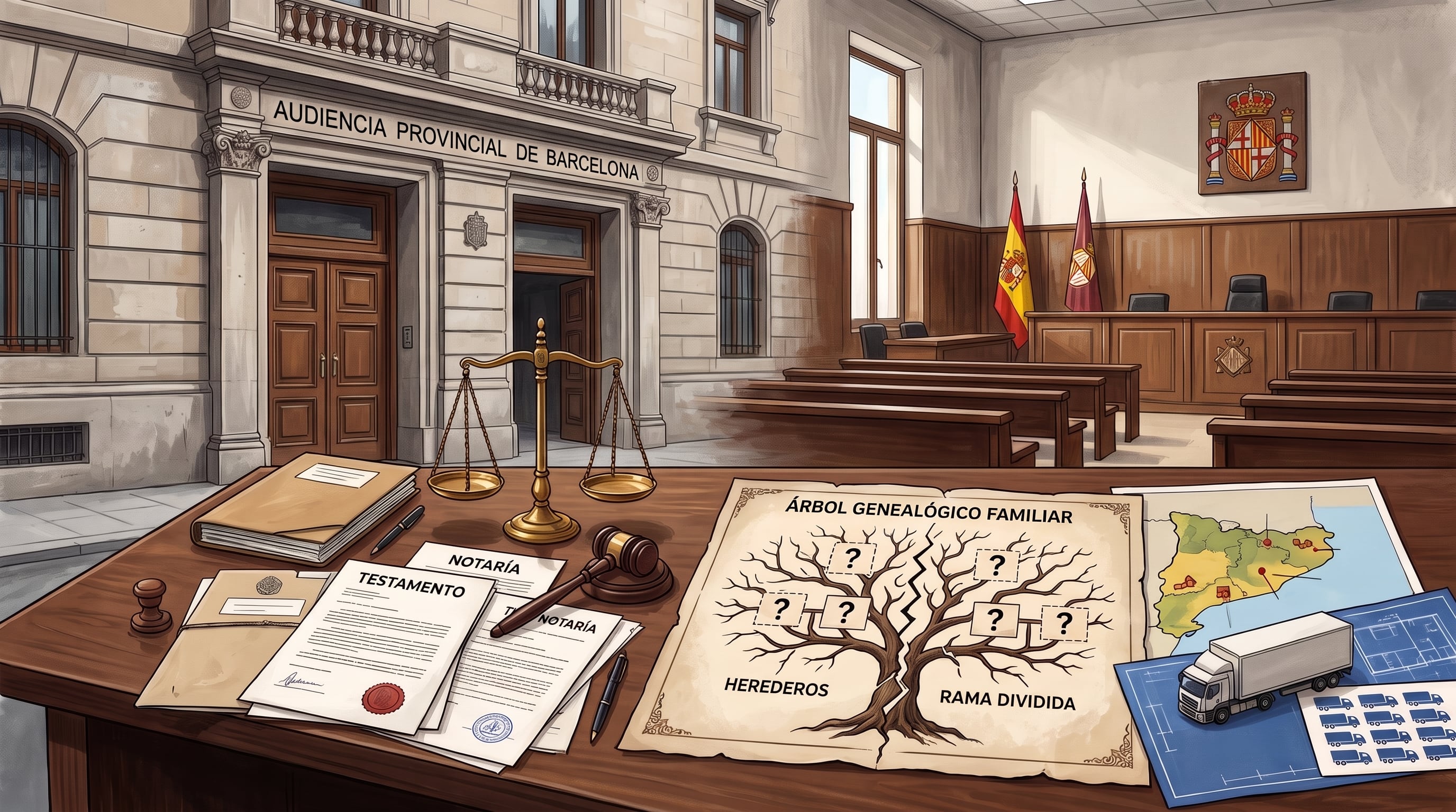 Ilustración sobre la disputa por una herencia familiar resuelta por la Audiencia Provincial de Barcelona. (Imagen Ilustrativa IA)