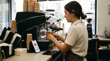 Una camarera joven prepara café en una máquina industrial. Sobre el mostrador hay vasos de cartón, servilletas y un teléfono móvil que muestra un corazón rojo.