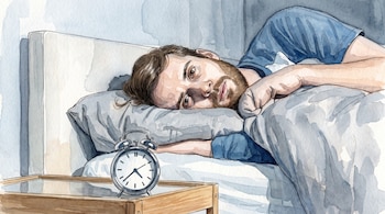 Ilustración en acuarela de un hombre acostado en la cama con los ojos abiertos junto a un reloj despertador sobre una mesa.