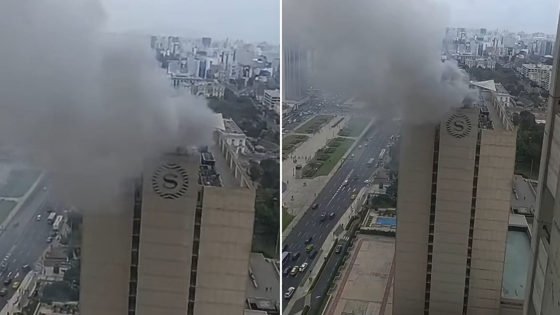 Una columna de humo blanco y gris se eleva desde el techo del hotel Sheraton en el Cercado de Lima, Perú, a raíz de un amago de incendio. (Composición: Infobae Perú)