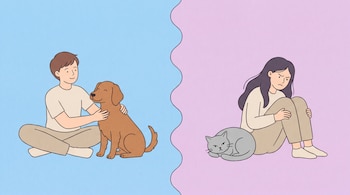 Dos personas sentadas en el suelo, una con un perro marrón y la otra con un gato gris, separadas por una línea ondulada en fondos azul y lila.