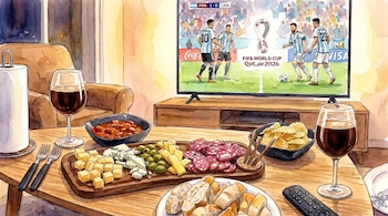 Ilustración en acuarela. Mesa con picada argentina, vino y control remoto. Al fondo, TV con un partido del Mundial FIFA 2026, con jugadores de Argentina.