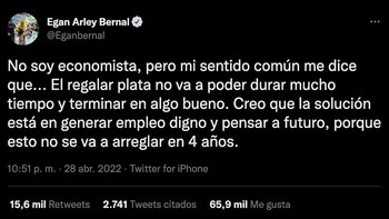 Tweet de Egan Bernal criticando