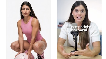 Majo Parodi en bañador rosa cubierta de escarcha y Majo Parodi hablando ante un micrófono con la frase "su composición corporal"