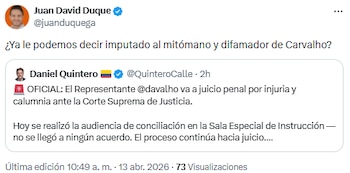 Juan David Duque llamó “mitómano y difamador” a Daniel Carvalho tras denuncia de Daniel Quintero - crédito @juanduquega/X