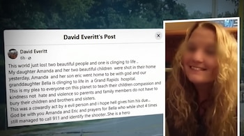 Captura de pantalla de una publicación de Facebook de David Everitt con texto sobre una tragedia familiar y una foto de una mujer rubia sonriente con ojos difuminados.