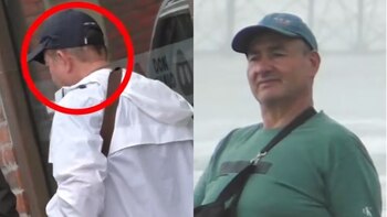 Un hombre en dos tomas: de espaldas con gorra oscura y chaqueta blanca, con un círculo rojo en la cabeza; de frente con gorra azul y camiseta verde
