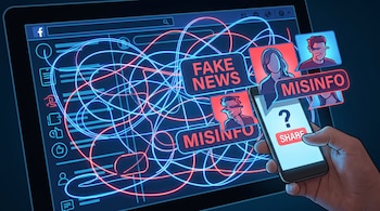 Mano sostiene teléfono móvil; tableta con interfaz de red social, textos "FAKE NEWS" y "MISINFO", perfiles distorsionados y líneas de conexión rojas y azules.