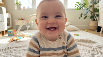 Un bebé con mejillas regordetas y una gran sonrisa muestra dos dientes inferiores, vistiendo un suéter a rayas beige, azul y marrón, sentado en una alfombra clara.