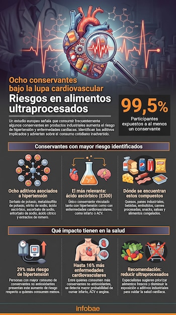 Infografía que muestra un corazón humano lleno de alimentos procesados, una lupa sobre un electrocardiograma y fórmulas químicas, con texto informativo.
