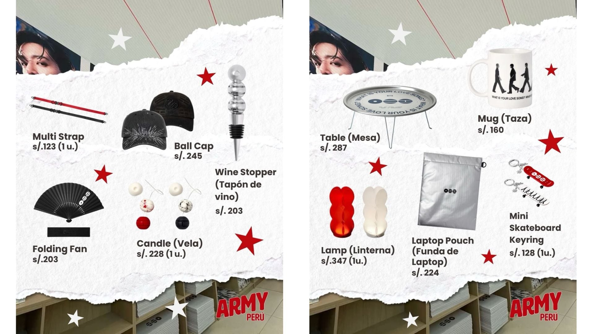 Un catálogo promocional de la tienda temporal de BTS en Perú presenta la lista de productos oficiales con sus valores expresados en soles. (Army Perú)