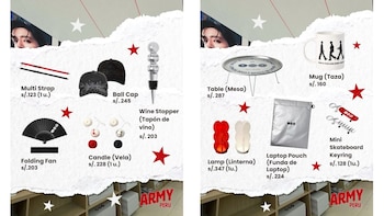 Carteles informativos con fotografías de productos de BTS y sus precios correspondientes en soles