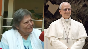 Composición con una mujer madura que habla ante un micrófono y el papa León XIV vestido con vestidura blanca y cruz pectoral