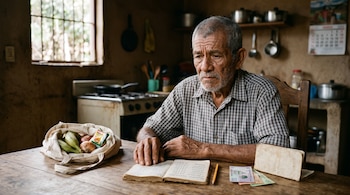 Un hombre mayor sentado ante una mesa con una libreta abierta, un lápiz, billetes y una bolsa de tela con plátanos y cebollas en una cocina.