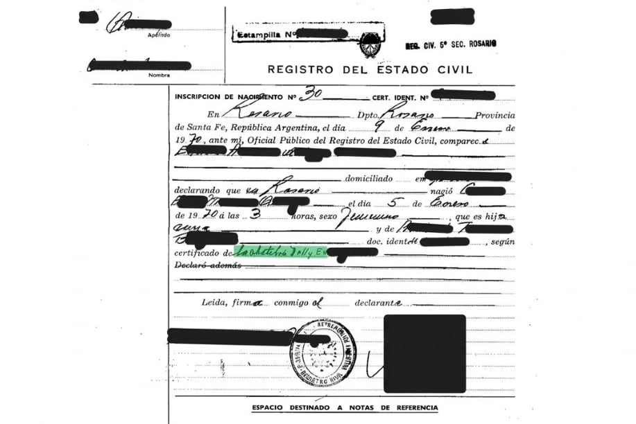 La partida de nacimiento de 1970 cuya filiación es investigada por la Justicia de Rosario (Fuente: Fiscales)