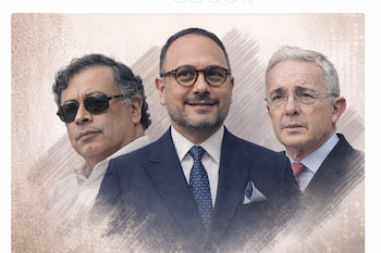 Primer plano de tres figuras masculinas con vestimenta formal. La figura central usa gafas y traje, la izquierda gafas de sol y camisa, y la derecha gafas y traje.