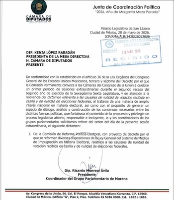 El retiro del dictamen fue formalizado mediante un oficio enviado por Ricardo Monreal a la Mesa Directiva.