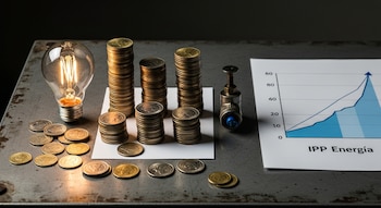 Monedas organizadas en columnas y dispersas, bombilla encendida, válvula de gas y un gráfico con la leyenda IPP Energía sobre una mesa de metal.