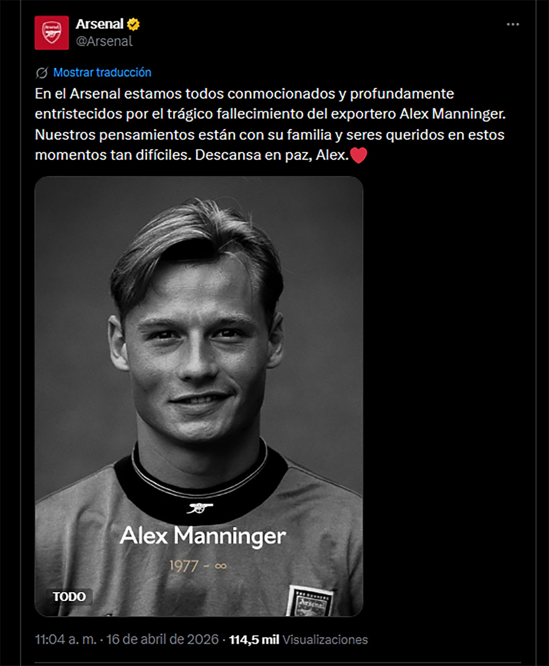 El Arsenal lamenta la trágica pérdida de Alex Manninger, enviando un mensaje de condolencias a su familia