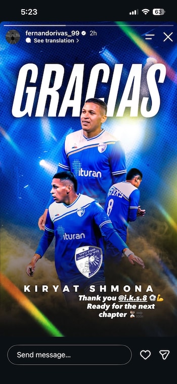 Fernando Pacheco se despidió del Kiryat Shmona. Crédito: Instagram Fernando Rivas.
