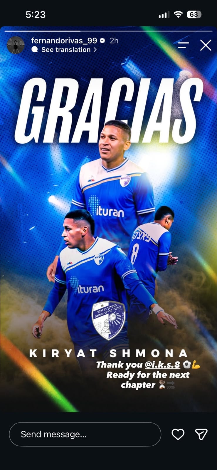 Fernando Pacheco se despidió del Kiryat Shmona. Crédito: Instagram Fernando Rivas.