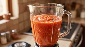 Jarra de vidrio de una licuadora llena de puré de tomate rojo espeso, situada sobre la barra de una cocina.