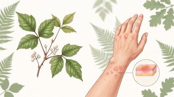 Una ilustración muestra una planta de hiedra venenosa con bayas y hojas, y un brazo humano con una erupción cutánea inflamada y su detalle microscópico.