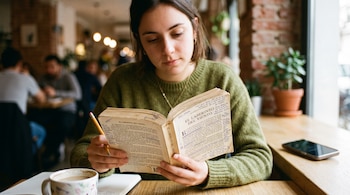 Una mujer sostiene un libro abierto con notas y un lápiz junto a una taza y un teléfono móvil sobre una mesa de madera.