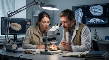 Un hombre y una mujer en un laboratorio examinan un fósil en una roca con un microscopio y luz intensa; hay pantallas de ordenador con imágenes de fósiles.