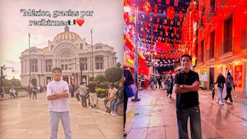 Diptíco: joven sonriente con brazos cruzados. Izquierda: frente al Palacio de Bellas Artes en Ciudad de México. Derecha: en calle nocturna con linternas rojas