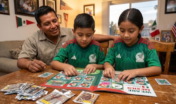 Un hombre y dos niños, un niño y una niña, llenan un álbum de cromos Panini del Mundial en una mesa de madera en una sala decorada con banderas y fotos