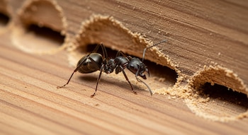 Una hormiga negra camina sobre una superficie de madera con orificios y cúmulos de aserrín junto a ellos.