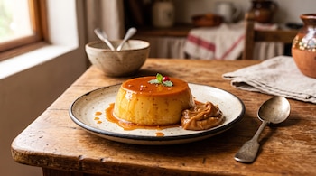 Un flan con caramelo y dulce de leche en un plato de cerámica junto a una cuchara en una mesa de madera.