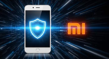 Un smartphone Xiaomi genérico blanco en primer plano con un escudo de seguridad digital brillante en pantalla y el logo naranja de Xiaomi, sobre un fondo oscuro con destellos azules.