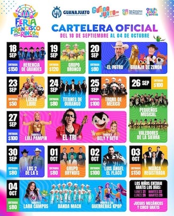 Cartel promocional colorido con la programación de eventos musicales y espectáculos de la Feria San Francisco del Rincón 2026