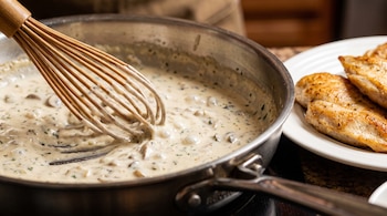 Un batidor de mano de madera dentro de una sartén de acero que contiene salsa blanca con champiñones, junto a un plato blanco con filetes de pollo cocinados.